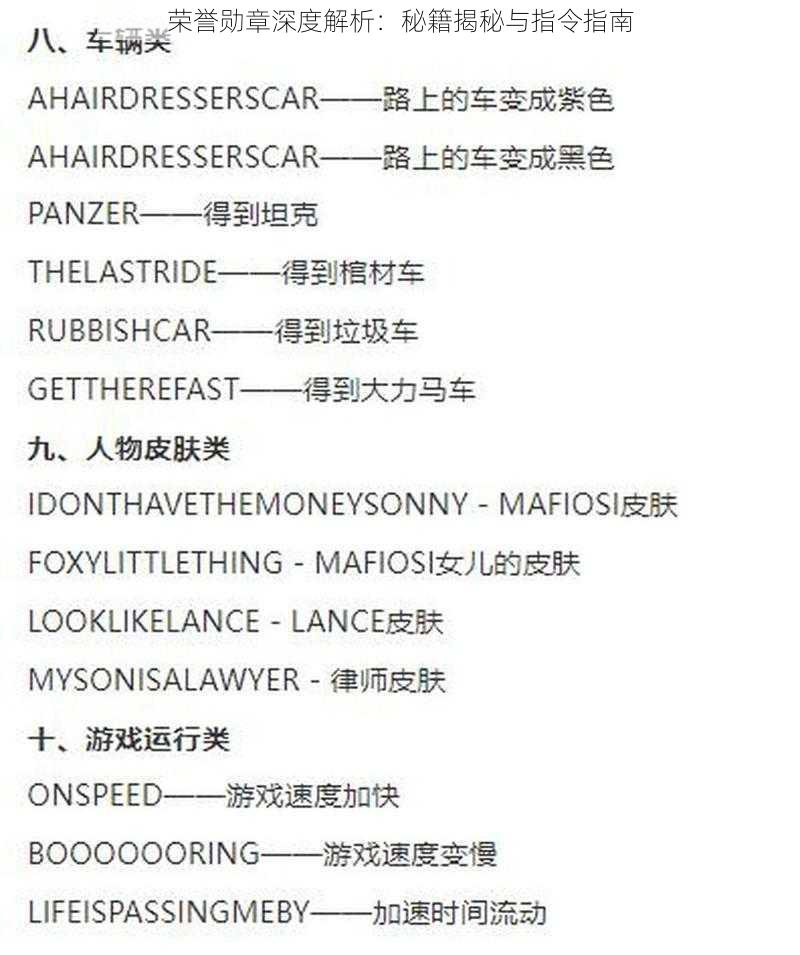 荣誉勋章深度解析：秘籍揭秘与指令指南